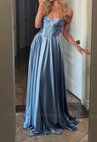 Gray Blue Sheath Strapless Satin Long Prom Dresses Fashion Birthday Party Outfits HZ1024