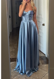 Gray Blue Sheath Strapless Satin Long Prom Dresses Fashion Birthday Party Outfits HZ1024