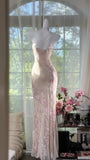 Sheath Spaghetti Straps Printed Chiffon Long Prom Dresses Glam Evening Dress with Beading HZ1024