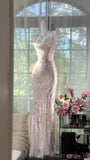 Sheath Spaghetti Straps Printed Chiffon Long Prom Dresses Glam Evening Dress with Beading HZ1024