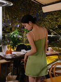Green Spaghetti Strap Satin Short Birthday Dress Chic Outdoor Party Dress HZ1024