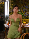 Green Spaghetti Strap Satin Short Birthday Dress Chic Outdoor Party Dress HZ1024