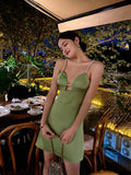 Green Spaghetti Strap Satin Short Birthday Dress Chic Outdoor Party Dress HZ1024