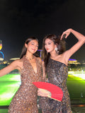Halter Sheath Sequin Short Evening Gowns, Champagne Gorgeous Homecoming Dress HZ1024