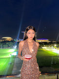 Halter Sheath Sequin Short Evening Gowns, Champagne Gorgeous Homecoming Dress HZ1024