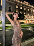 Halter Sheath Sequin Short Evening Gowns, Champagne Gorgeous Homecoming Dress HZ1024