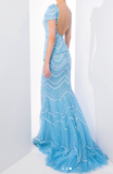 Blue Sheath Beaded Long Evening Gowns, V-Neck Prom Dresses HZ1024