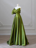 Line V Neck Satin Green Long Prom Dress, Green Long Formal Dress HZ1024