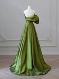 Line V Neck Satin Green Long Prom Dress, Green Long Formal Dress HZ1024