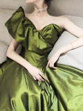 Line V Neck Satin Green Long Prom Dress, Green Long Formal Dress HZ1024