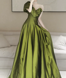 Line V Neck Satin Green Long Prom Dress, Green Long Formal Dress HZ1024