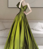 Line V Neck Satin Green Long Prom Dress, Green Long Formal Dress HZ1024