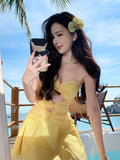 Yellow A-Line Tulle Strapless Beach Holiday Short Dress HZ1024
