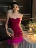 Strapless Bodycon Sequin Short Evening Gown, Sparkling Rose Red Homecoming Dress HZ1024
