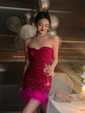 Strapless Bodycon Sequin Short Evening Gown, Sparkling Rose Red Homecoming Dress HZ1024
