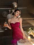Strapless Bodycon Sequin Short Evening Gown, Sparkling Rose Red Homecoming Dress HZ1024