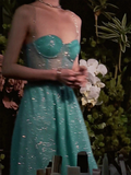 Blue A-Line Spaghetti Strap Long Prom Dresses, Rhinestones Sweet 16 Dress HZ1024