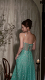 Blue A-Line Spaghetti Strap Long Prom Dresses, Rhinestones Sweet 16 Dress HZ1024