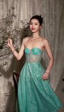 Blue A-Line Spaghetti Strap Long Prom Dresses, Rhinestones Sweet 16 Dress HZ1024