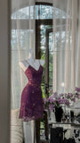 Grape Purple Sheath Spaghetti Strap Chiffon Short Prom Dresses with Beading HZ1024