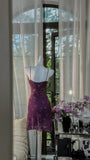 Grape Purple Sheath Spaghetti Strap Chiffon Short Prom Dresses with Beading HZ1024