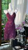 Grape Purple Sheath Spaghetti Strap Chiffon Short Prom Dresses with Beading HZ1024
