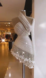White Asymmetric Neckline Bodycon Lace Beading Short Evening Dress Sexy Homecoming Dress With Tassels HZ1024