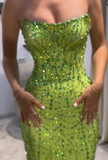 Green Sheath Strapless Satin Long Prom Dresses, Rhinestone Formal Evening Dresses HZ1024