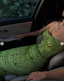 Green Sheath Strapless Satin Long Prom Dresses, Rhinestone Formal Evening Dresses HZ1024