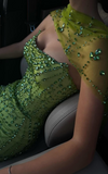 Green Sheath Strapless Satin Long Prom Dresses, Rhinestone Formal Evening Dresses HZ1024