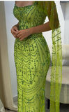 Green Sheath Strapless Satin Long Prom Dresses, Rhinestone Formal Evening Dresses HZ1024