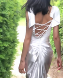 White Sheath Sweetheart Satin Prom Dresses, Elegant Formal Evening Dresses HZ1024