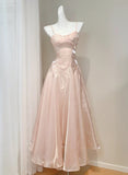 Pink Spaghetti Strap A-Line Satin Long Prom Dresses, Sweet 16 Dress HZ1024