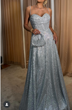 Silver Spaghetti Strap A-Line Long Prom Dresses, Elegant Glitter Evening Gowns HZ1024