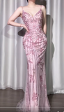 Pink Spaghetti Strap Mermaid Tulle Beaded Long Prom Dresses,Formal Evening Gowns HZ1024