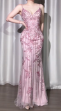 Pink Spaghetti Strap Mermaid Tulle Beaded Long Prom Dresses,Formal Evening Gowns HZ1024