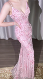 Pink Spaghetti Strap Mermaid Tulle Beaded Long Prom Dresses,Formal Evening Gowns HZ1024