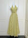 Green Halter Neck A-Line Chiffon Ruffles Long Prom Dresses, Sweet 16 Dress HZ1024