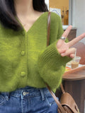 Green Retro Soft V-Neck Knitted Cardigan HZ1024