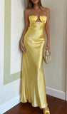 Yellow Spaghetti Straps A-Line Satin Long Prom Dresses, Elegant Evening Gowns HZ1024