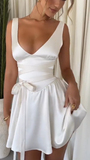 V-neck A-Line Satin Short Party Dress Simple White Homecoming Dress HZ1024