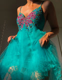 Spaghetti Strap A-Line Tulle Beading Short Prom Dresses Sweet Homecoming Dress HZ1024