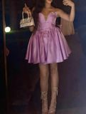 Pink V-neck A-Line Satin Short Prom Dresses, Fashion Homecoming Dress HZ1024