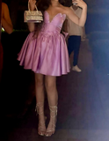 Pink V-neck A-Line Satin Short Prom Dresses, Fashion Homecoming Dress HZ1024