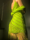 Spaghetti Strap Bodycon Beaded Chiffon Short Prom Dresses, Lemon Green Party Dress HZ1024