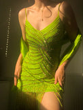 Spaghetti Strap Bodycon Beaded Chiffon Short Prom Dresses, Lemon Green Party Dress HZ1024