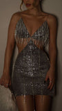 Silver V-Neck Sheath Short Homecoming Dresses, Sparkling Party Dress with Rhinestone Tassels HZ1024