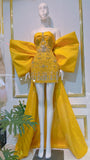 Yellow Strapless Sheath Satin Rhinestone Short Prom Dresses, Fashion Homecoming Dress with Bow HZ1024