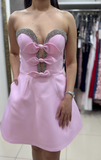 Pink Strapless A-Line Satin Beaded Short Homecoming Dress, Sweet 16 Dress HZ1024