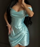 Tiffany Blue Off Shoulder Sheath Satin Short Prom Dresses, Glamour Homecoming Dress HZ1024